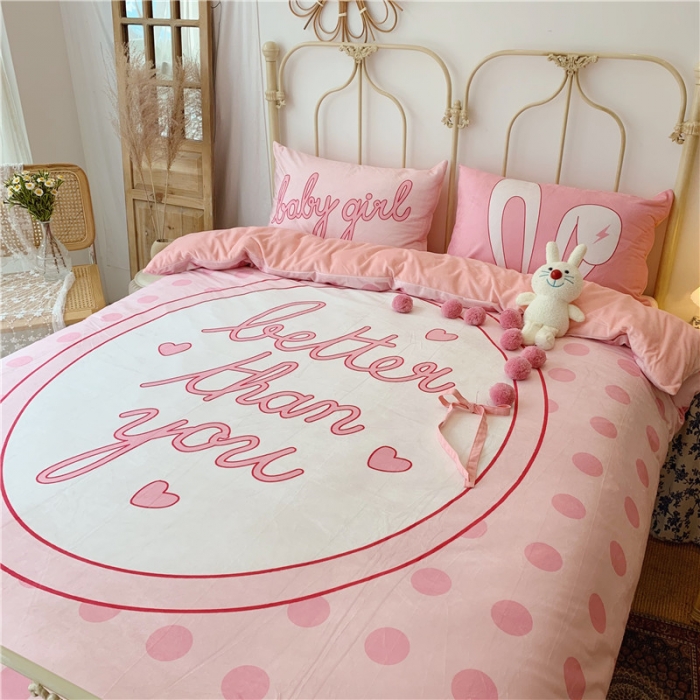 91家纺网 家纺一手货源 找家纺 昔可 2019新款设计师款韩国宝宝绒大版四件套 粉波点