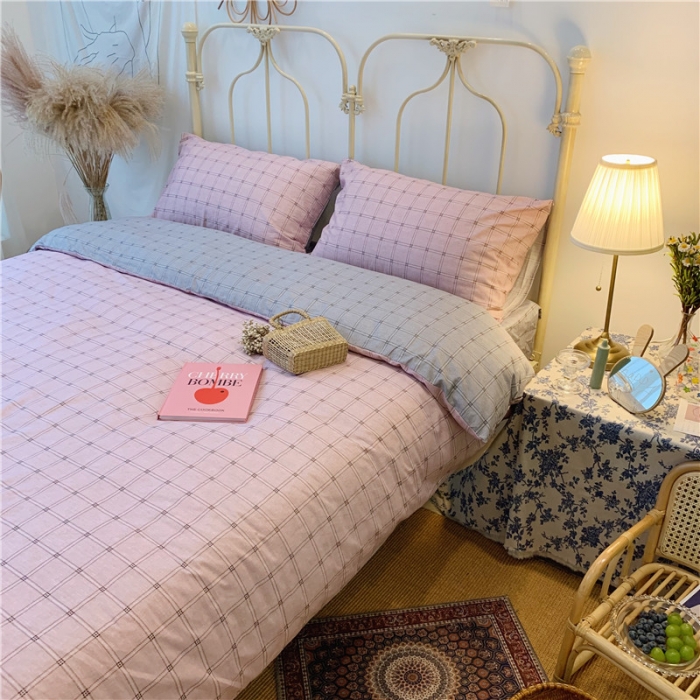 91家纺网 家纺一手货源 找家纺 昔可 2019新款13372全棉四件套 粉灰格