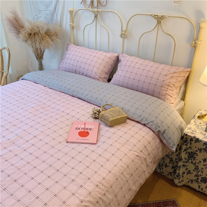 91家纺网 家纺一手货源 找家纺 昔可 2019新款13372全棉四件套 粉灰格