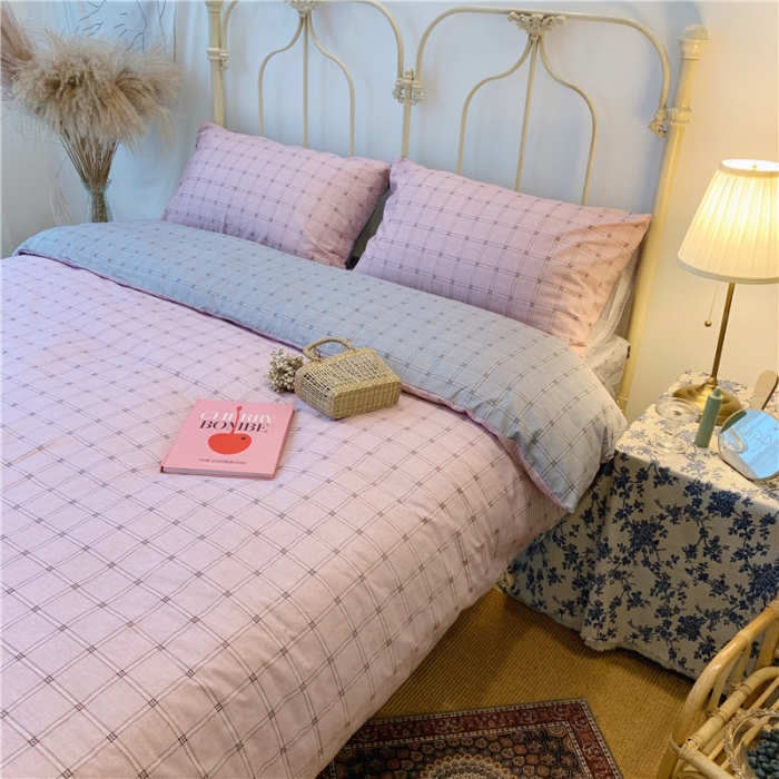 91家纺网 家纺一手货源 找家纺 昔可 2019新款13372全棉四件套 粉灰格