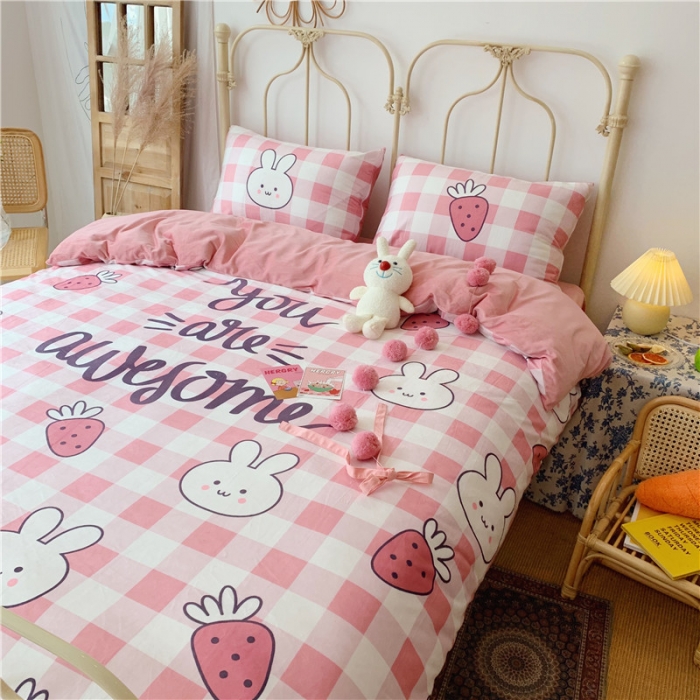 91家纺网 家纺一手货源 找家纺 昔可 2019新款设计师款韩国宝宝绒大版四件套 兔子草莓