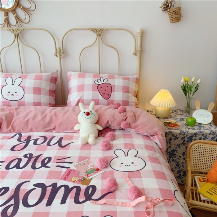 91家纺网 家纺一手货源 找家纺 昔可 2019新款设计师款韩国宝宝绒大版四件套 兔子草莓