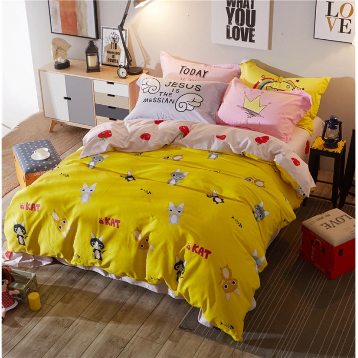 91家纺网 家纺一手货源 找家纺 芃成家纺 活性磨毛混搭四件套猫恋上鱼