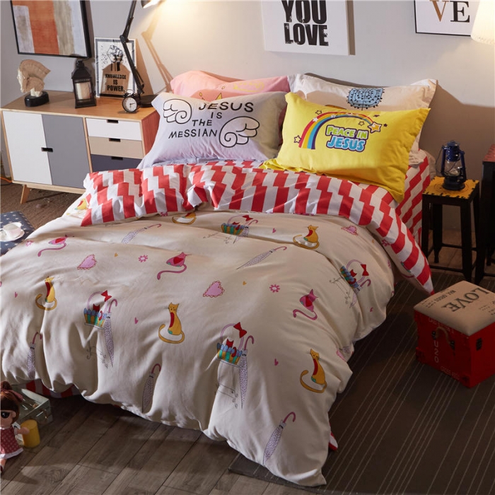 91家纺网 家纺一手货源 找家纺 芃成家纺 活性磨毛混搭四件套猫时尚