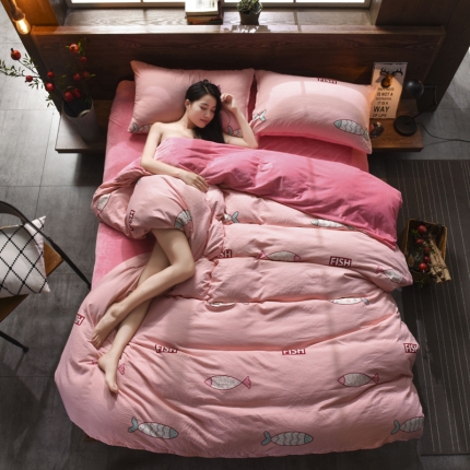 芃成家纺 水洗磨毛加绒四件套 快乐小鱼