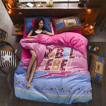 芃成家纺 磨毛水洗棉平网印花拼水晶绒四件套绝色