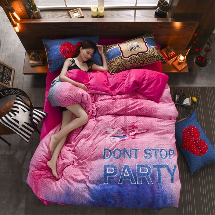 芃成家纺 磨毛水洗棉平网印花拼水晶绒四件套异彩