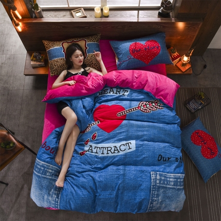 芃成家纺 磨毛水洗棉平网印花拼水晶绒四件套钟情