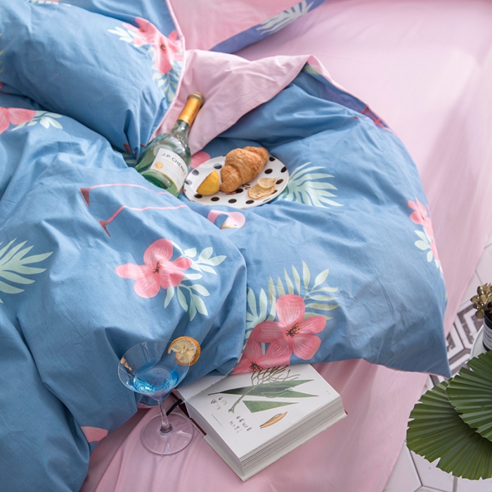 91家纺网 家纺一手货源 找家纺  芃成家纺 2020全棉133X72圆网四件套 蓝纯色火鸟