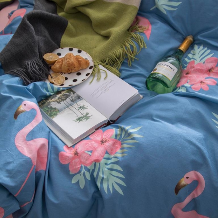 91家纺网 家纺一手货源 找家纺  芃成家纺 2020全棉133X72圆网四件套 蓝纯色火鸟