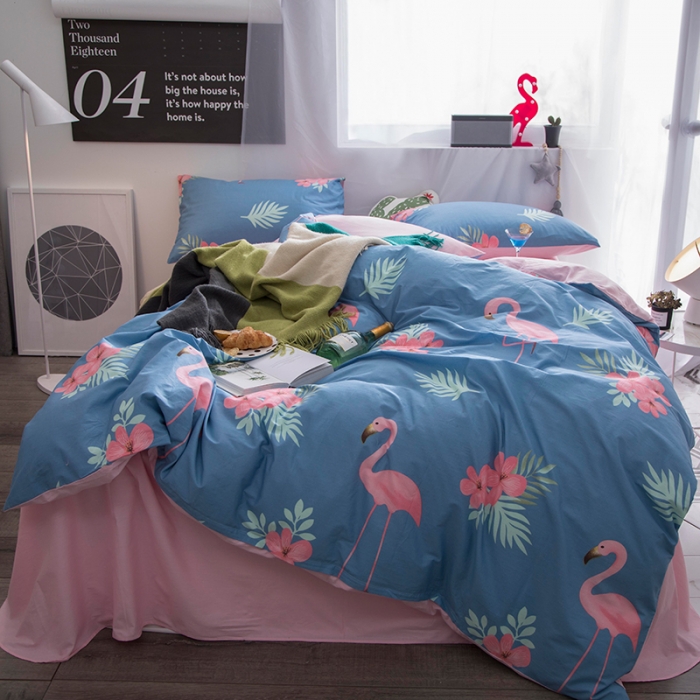 91家纺网 家纺一手货源 找家纺  芃成家纺 2020全棉133X72圆网四件套 蓝纯色火鸟