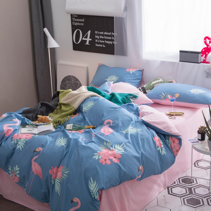 91家纺网 家纺一手货源 找家纺  芃成家纺 2020全棉133X72圆网四件套 蓝纯色火鸟