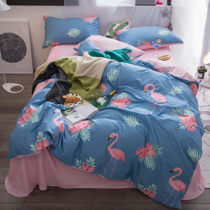 91家纺网 家纺一手货源 找家纺  芃成家纺 2020全棉133X72圆网四件套 蓝纯色火鸟