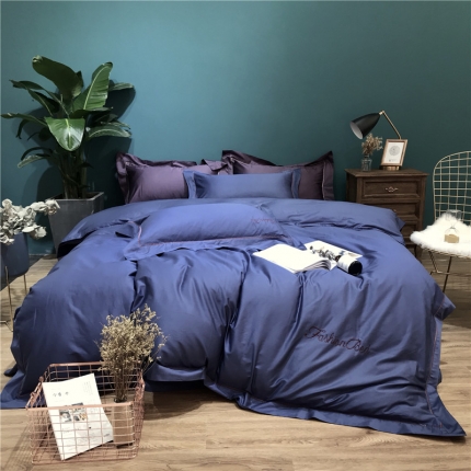 91家纺网 家纺一手货源 找家纺 太古汇 60纯色镂空+字母绣花四件套 天蓝灰