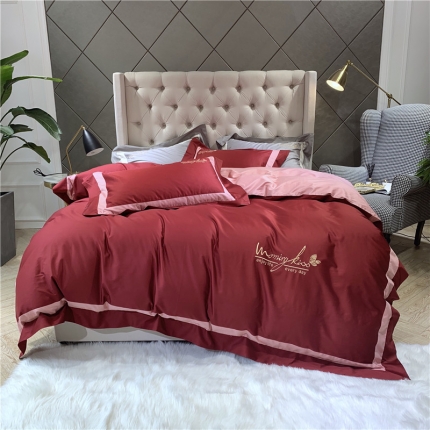 91家纺网 家纺一手货源 找家纺 太古汇 2019新款纯色拼色绣花四件套 波多尔红