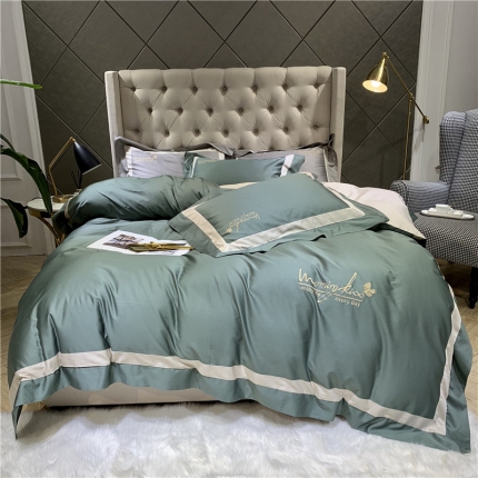 91家纺网 家纺一手货源 找家纺 太古汇 2019新款纯色拼色绣花四件套 橄榄绿