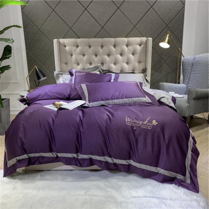 91家纺网 家纺一手货源 找家纺 太古汇 2019新款纯色拼色绣花四件套 石青紫