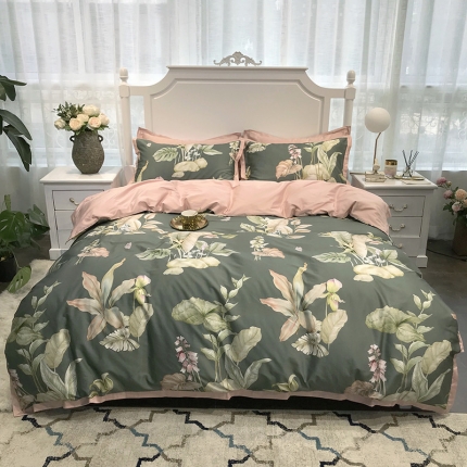 91家纺网 家纺一手货源 找家纺 太古汇 60支贡缎长绒棉数码印花小边款四件套 克丽丝-绿