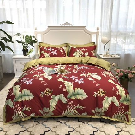 91家纺网 家纺一手货源 找家纺 太古汇 60支贡缎长绒棉数码印花小边款四件套 娜塔莎-红