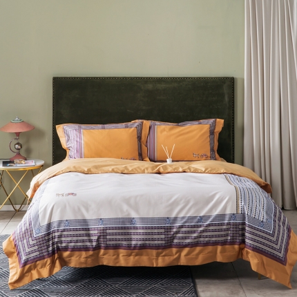 91家纺网 家纺一手货源 找家纺 太古汇 双股数码印花宽边四件套 布朗特-桔