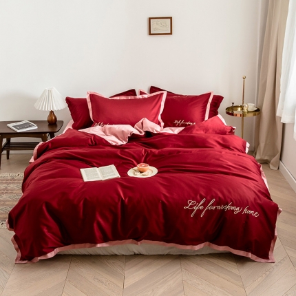 太古汇 60支贡缎长绒棉纯色双拼四件套实拍图 维尼斯红