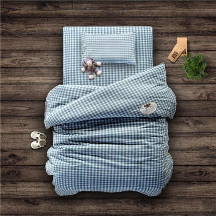 快乐迪家纺 纯棉儿童三件套水洗棉英伦格子被套床单枕套蓝色