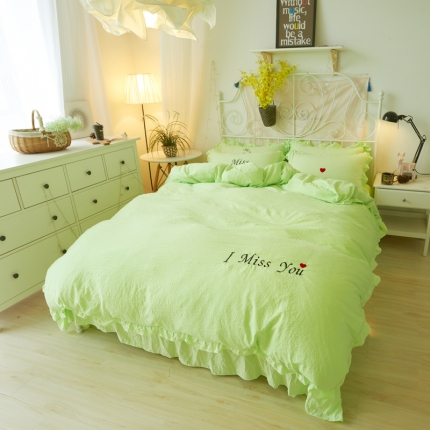 91家纺网 家纺一手货源 找家纺 简爱家纺 2025新款水洗棉绣花四件套床单款 miss绿色