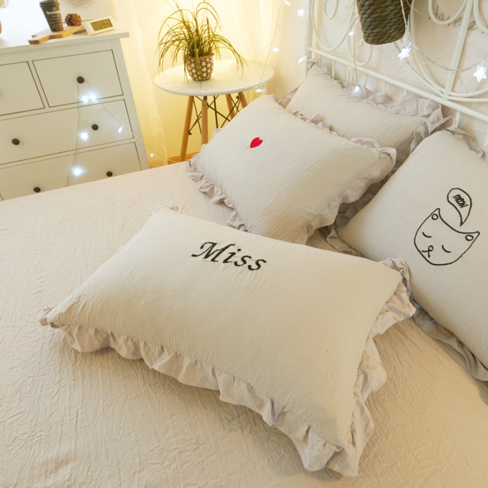 91家纺网 家纺一手货源 找家纺 简爱家纺 2025新款水洗棉绣花四件套床单款 miss灰色