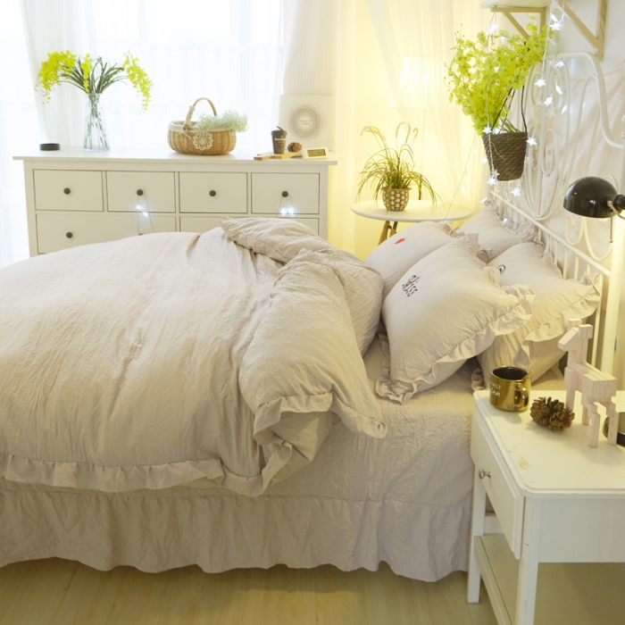 91家纺网 家纺一手货源 找家纺 简爱家纺 2025新款水洗棉绣花四件套床单款 miss灰色