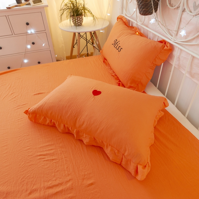 91家纺网 家纺一手货源 找家纺 简爱家纺 2025新款水洗棉绣花四件套床单款 miss橘色