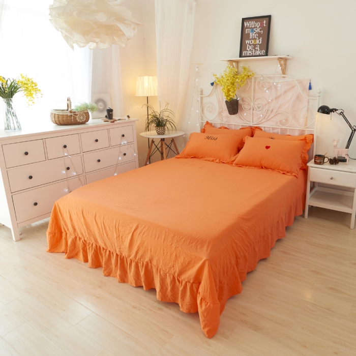 91家纺网 家纺一手货源 找家纺 简爱家纺 2025新款水洗棉绣花四件套床单款 miss橘色