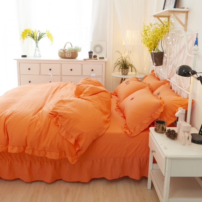 91家纺网 家纺一手货源 找家纺 简爱家纺 2025新款水洗棉绣花四件套床单款 miss橘色