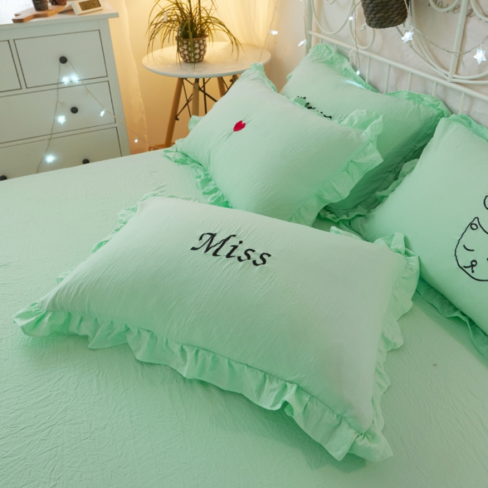 91家纺网 家纺一手货源 找家纺 简爱家纺 2025新款水洗棉绣花四件套床单款 miss蓝色