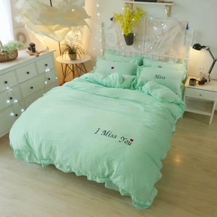 简爱家纺 2025新款水洗棉绣花四件套床单款 miss蓝色