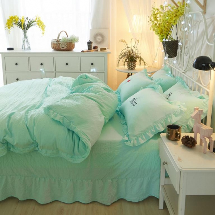 91家纺网 家纺一手货源 找家纺 简爱家纺 2025新款水洗棉绣花四件套床单款 miss蓝色