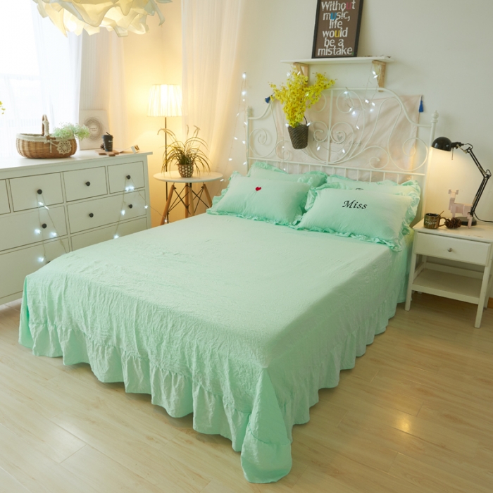 91家纺网 家纺一手货源 找家纺 简爱家纺 2025新款水洗棉绣花四件套床单款 miss蓝色