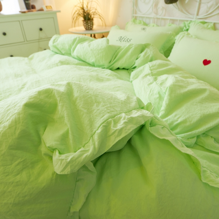 91家纺网 家纺一手货源 找家纺 简爱家纺 2025新款水洗棉绣花四件套床单款 miss绿色