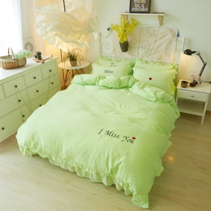 简爱家纺 2025新款水洗棉绣花四件套床单款 miss绿色