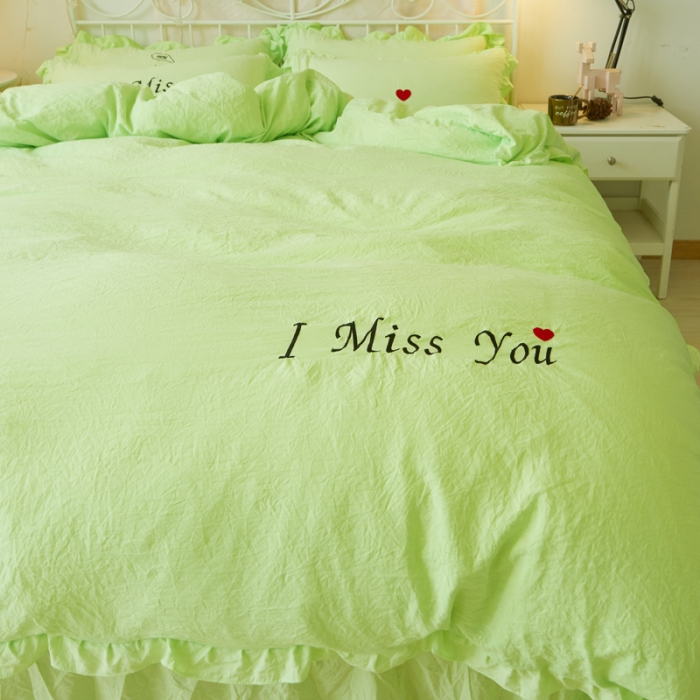 91家纺网 家纺一手货源 找家纺 简爱家纺 2025新款水洗棉绣花四件套床单款 miss绿色