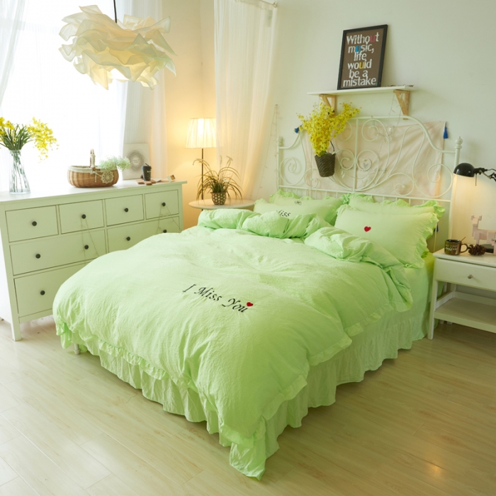 91家纺网 家纺一手货源 找家纺 简爱家纺 2025新款水洗棉绣花四件套床单款 miss绿色