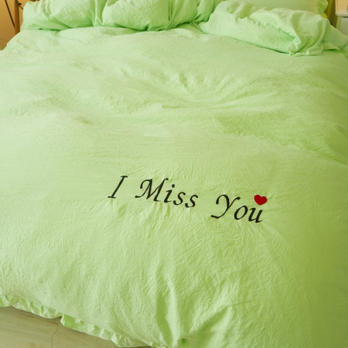 91家纺网 家纺一手货源 找家纺 简爱家纺 2025新款水洗棉绣花四件套床单款 miss绿色