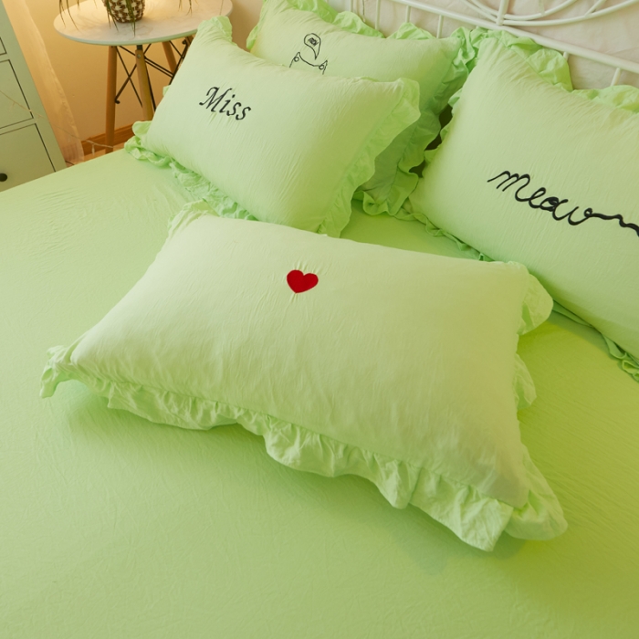 91家纺网 家纺一手货源 找家纺 简爱家纺 2025新款水洗棉绣花四件套床单款 miss绿色