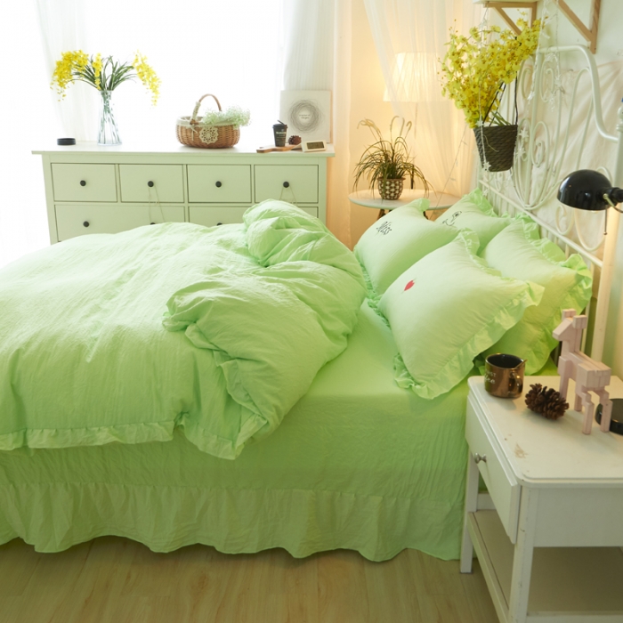 91家纺网 家纺一手货源 找家纺 简爱家纺 2025新款水洗棉绣花四件套床单款 miss绿色