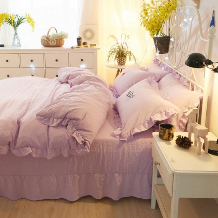 91家纺网 家纺一手货源 找家纺 简爱家纺 2025新款水洗棉绣花四件套床单款 miss浅紫