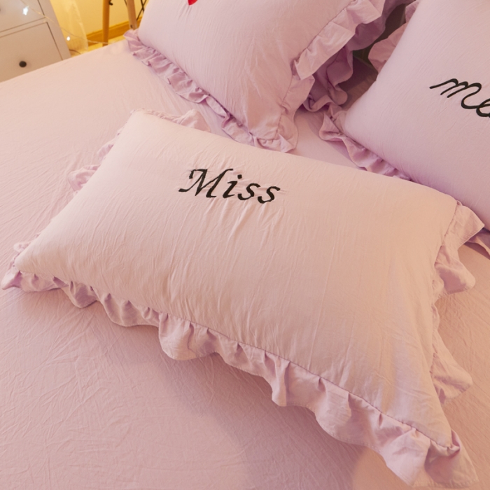 91家纺网 家纺一手货源 找家纺 简爱家纺 2025新款水洗棉绣花四件套床单款 miss浅紫