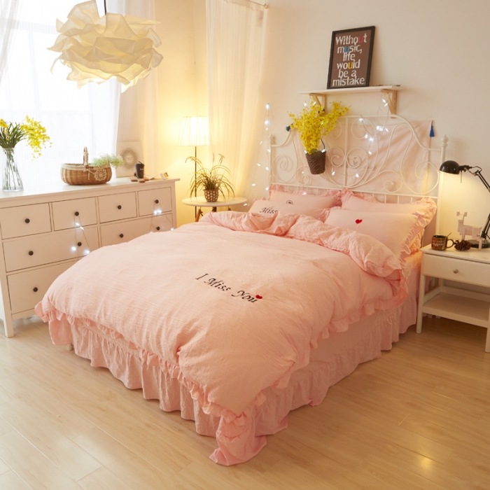 91家纺网 家纺一手货源 找家纺 简爱家纺 2025新款水洗棉绣花四件套床单款 miss玉色