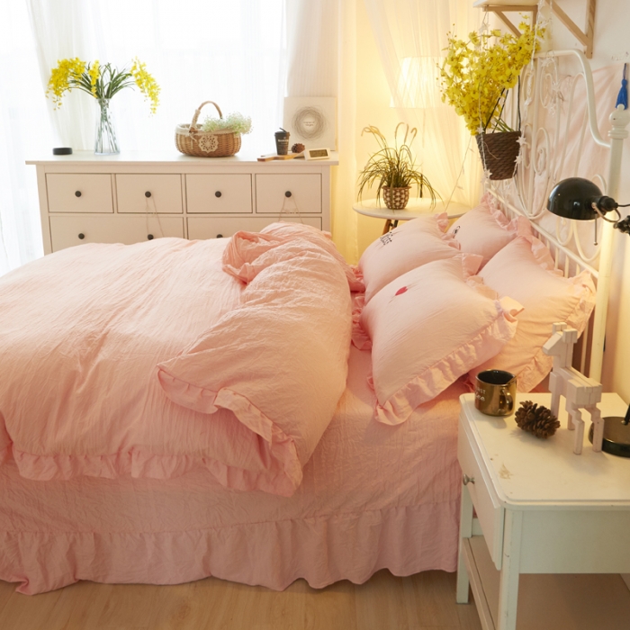 91家纺网 家纺一手货源 找家纺 简爱家纺 2025新款水洗棉绣花四件套床单款 miss玉色