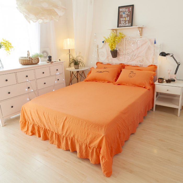 91家纺网 家纺一手货源 找家纺 简爱家纺 2025新款水洗棉绣花四件套床单款 萌猫橘色