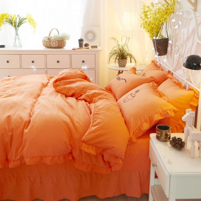 91家纺网 家纺一手货源 找家纺 简爱家纺 2025新款水洗棉绣花四件套床单款 萌猫橘色