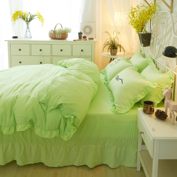 91家纺网 家纺一手货源 找家纺 简爱家纺 2025新款水洗棉绣花四件套床单款 萌猫绿色